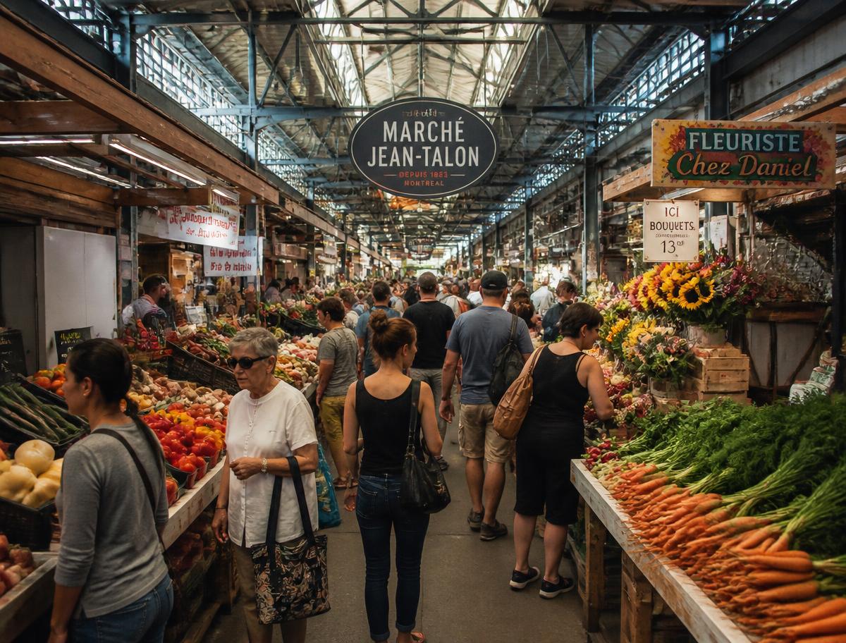 Produce and flower stalls inside Jean-Talon Market in Montréal