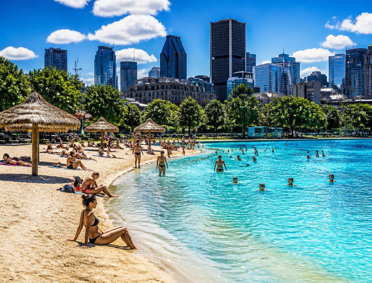 Urban beach in Montréal with sand, bright blue water and swimmers, skyline behind