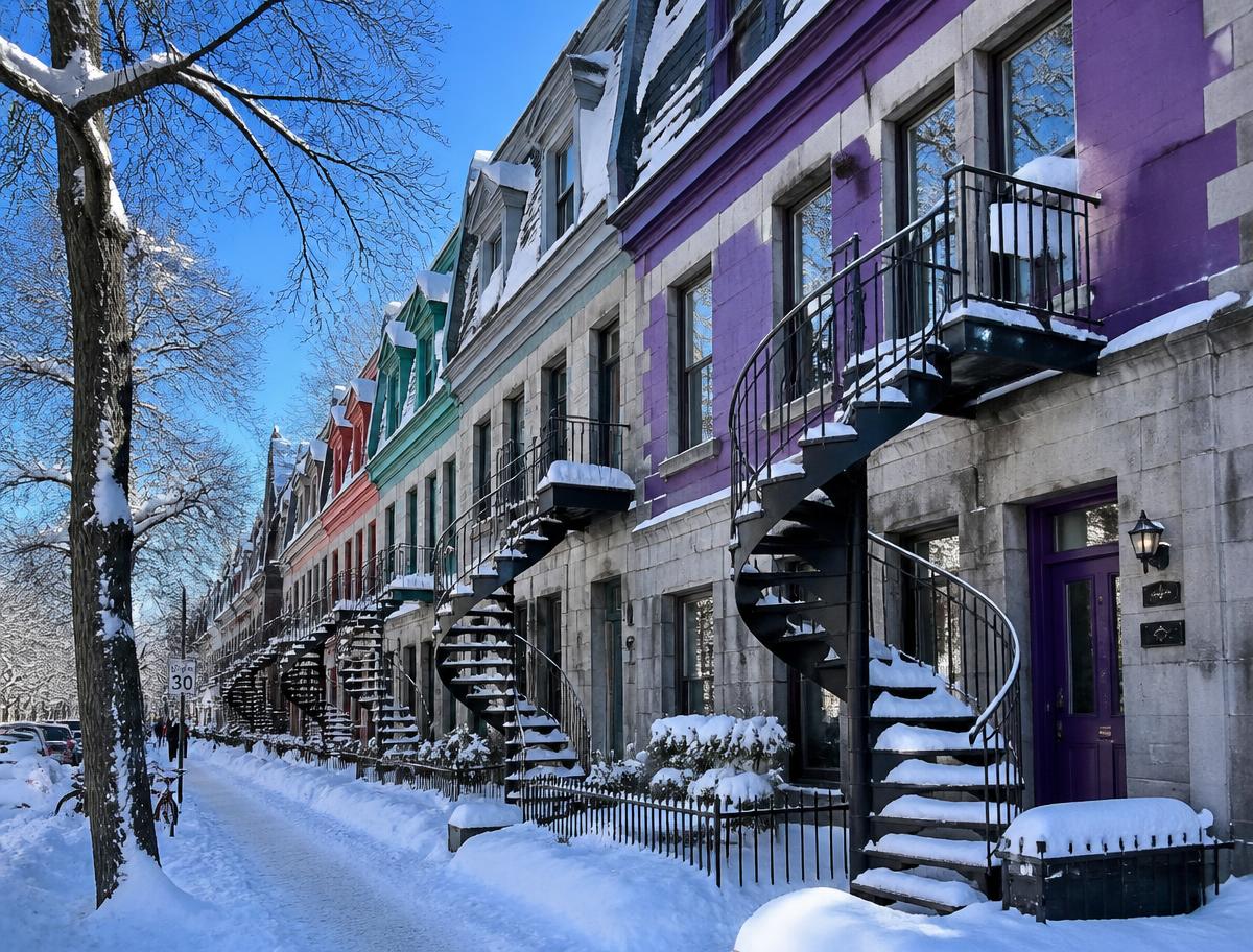 Snow-covered Plateau street in Montréal with colourful row houses and exterior spiral staircases under a blue sky