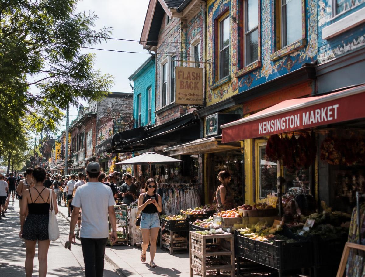 Colourful shopfronts and produce stalls in Kensington Market, Toronto