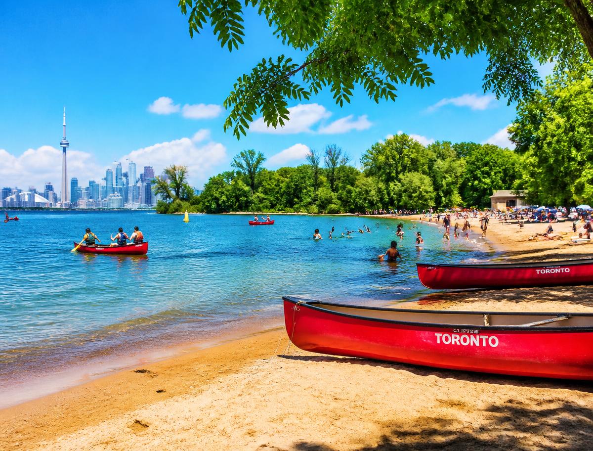 Sandy beach with red canoes and swimmers on the Toronto Islands, skyline behind