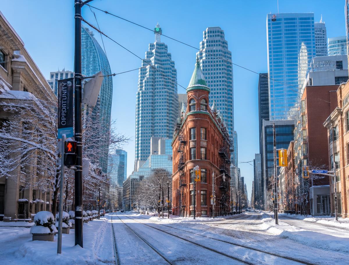 Snow-covered downtown Toronto street with streetcar tracks under a clear blue sky
