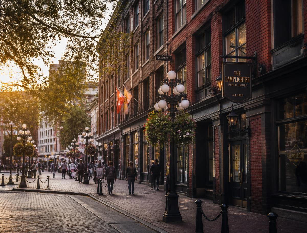 Cobblestone street in Gastown, Vancouver, with brick buildings and vintage lamp posts