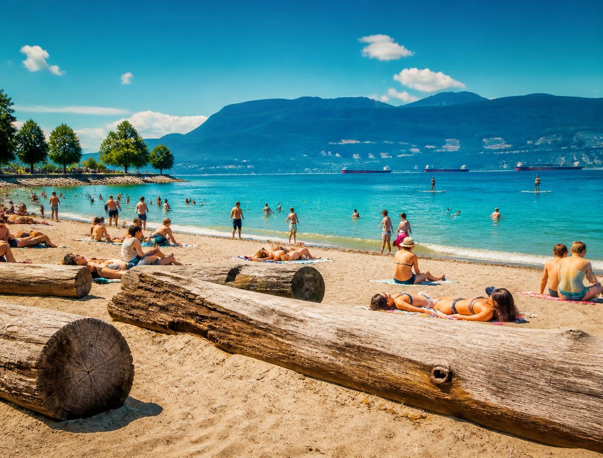 Kitsilano beach in Vancouver with driftwood logs, turquoise water and swimmers on a bright summer day